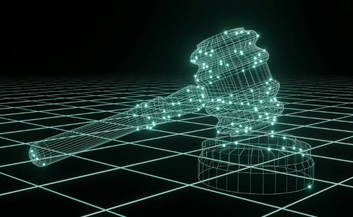 een 3D-afbeelding van een hamer van een rechter op een zwarte achtergrond
